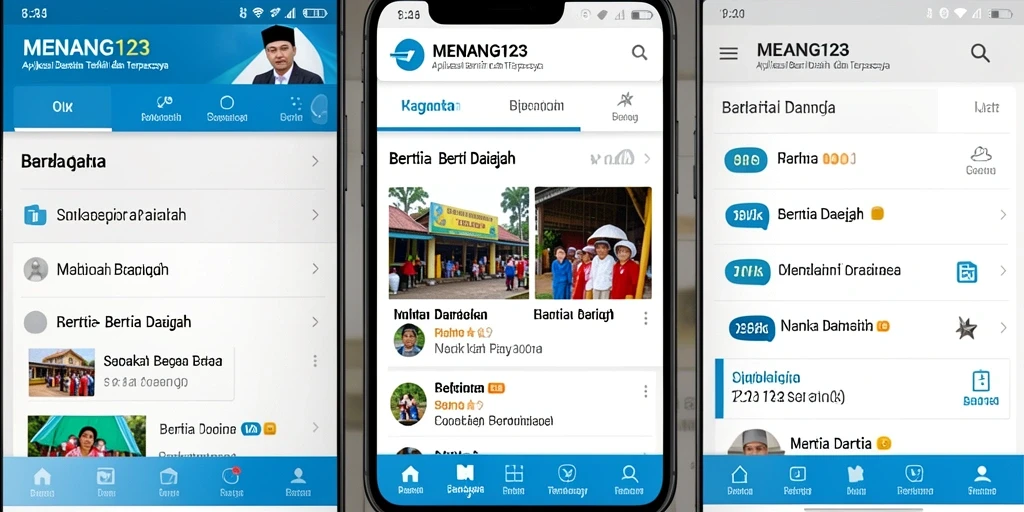 Tampilan antarmuka aplikasi MENANG123 dengan berita daerah terkini.